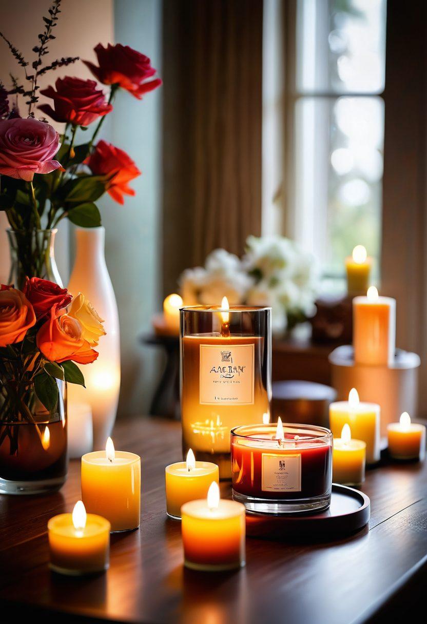 A cozy, intimate setting featuring a selection of elegant pleasure products on a soft, plush surface adorned with delicate flowers and romantic candles. Warm, ambient lighting casts a gentle glow, enhancing the atmosphere of exploration and self-discovery. A pair of hands gently caressing the products, conveying a sense of curiosity and intimacy. The background is softly blurred to focus on the products, inviting viewers into this intimate world. soft focus. vibrant colors. warm lighting.