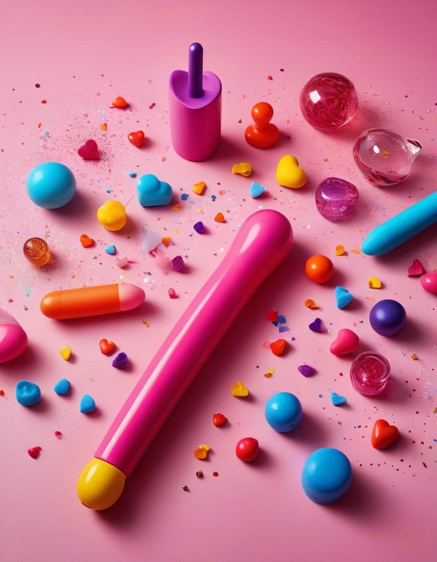 A visually striking display of various adult toys including a range of colorful dildos, vibrators, and novelty items, artfully arranged on a sleek modern surface. Incorporate playful elements like bright confetti or heart-shaped decorations, and ensure a soft-focus background that suggests intimacy and exploration. The lighting should be warm and inviting, making the collection feel like an essential part of self-care and pleasure. super-realistic. vibrant colors. soft focus.